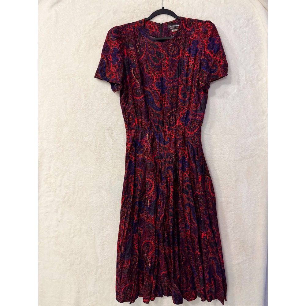 S.L. Fashions Vintage Red Paisley Midi Dress Womens 14T Rayon Pockets USA Made